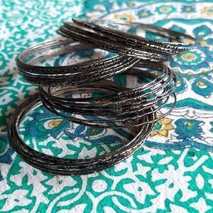 Lot of 40 Silver Tone & Black Bangle Bracelets